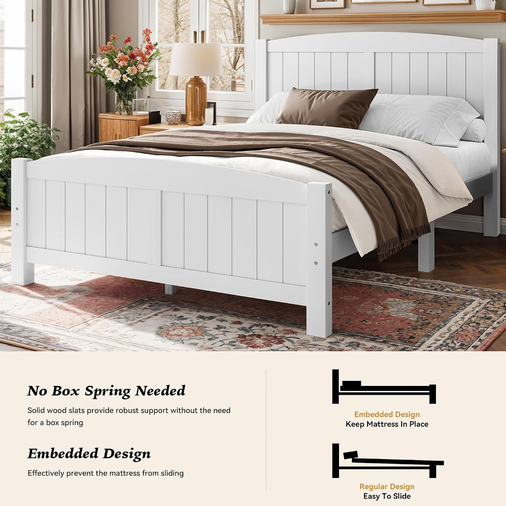Full Farmhouse Bed Frame with Headboard & Footboard, White Mid-Century Modern Platform Bed Full, Vintage Solid Wood