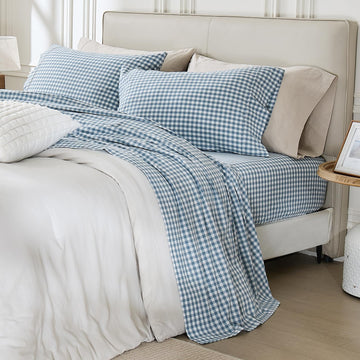 Blue Gingham Sheets Set 100% Washed Cotton Linen Like