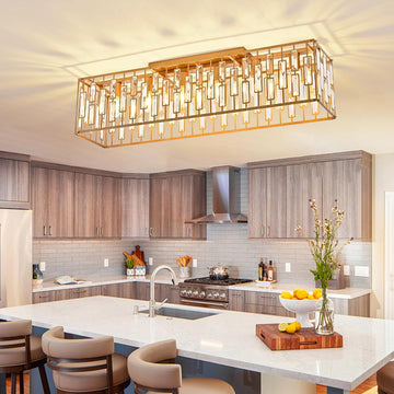 38.7 inch Gold Crystal Chandelier for Living Room, 6-Light Rectangle Flush Mount Ceiling Light Modern Chandeliers for
