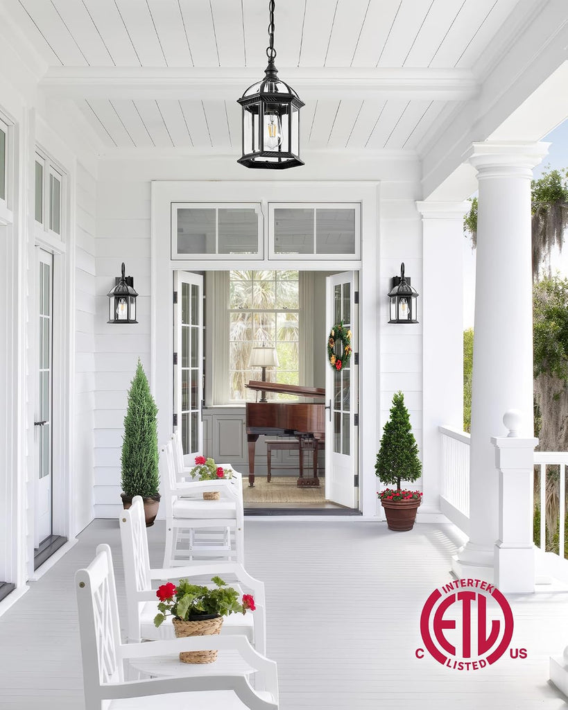 13.8" Large Outdoor Pendant Light Fixture, Black Hanging Porch Lights with Tempered Glass, Anti-Rust