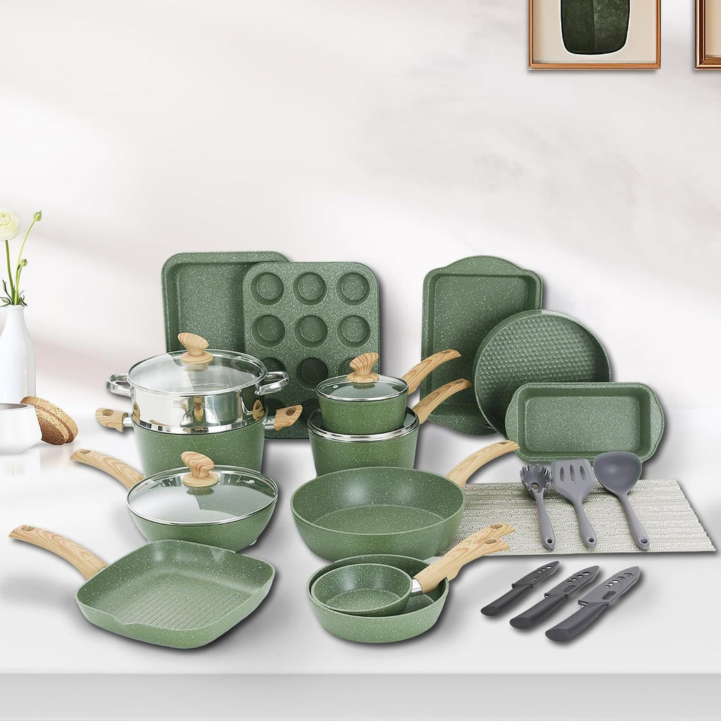 Green Pots and Pans Set Non Stick, 30 Piece Induction Kitchen Cookware Sets for Cooking, Non Toxic Granite Pot and