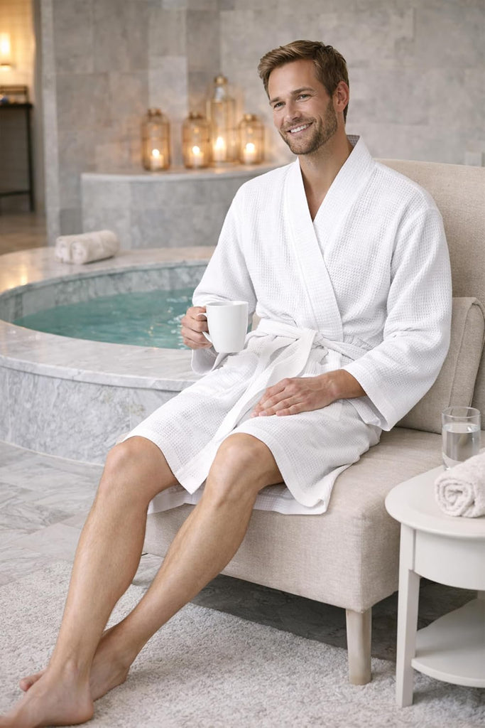 Men's Waffle Bathrobe Lightweight Kimono Spa Robe - Quick Dry Bath & Shower Robe for Men with Pockets