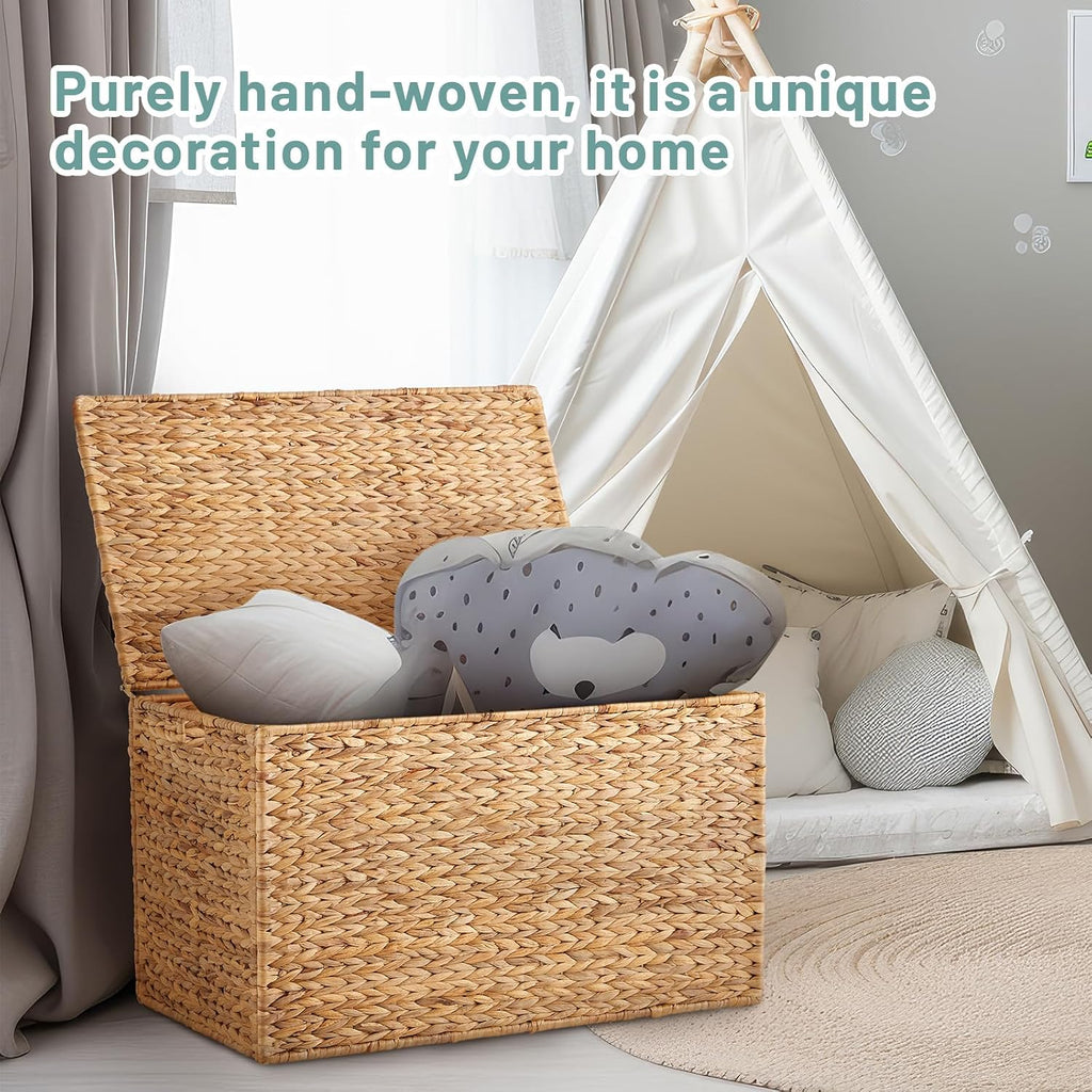 30 x 17.5 x 17.5 Inch Water Hyacinth Wicker Storage Trunk with Metal Frame, Heavy Duty Storage Chest with Lid Large