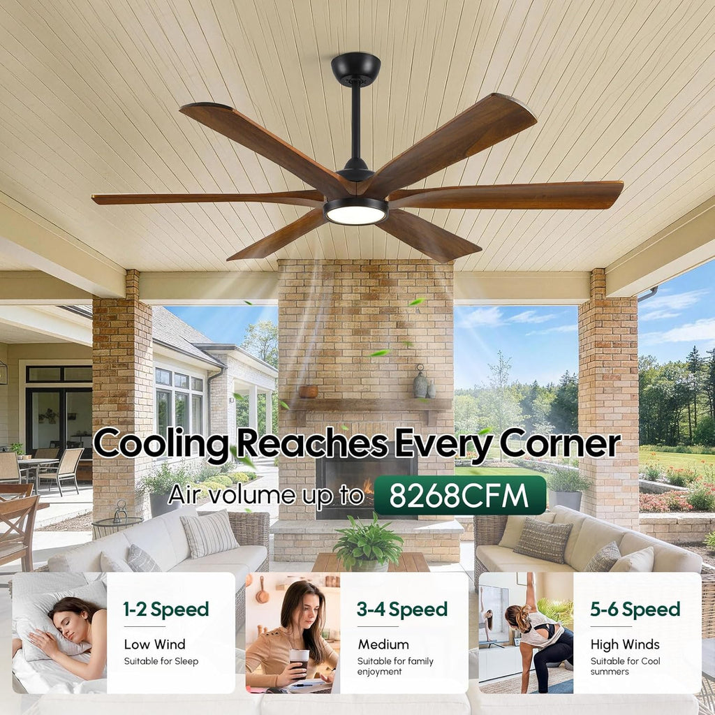 60 Inch Ceiling Fan with Light and Remote, Rustic Farmhouse Style, 6 Brown Solid Wood Blades