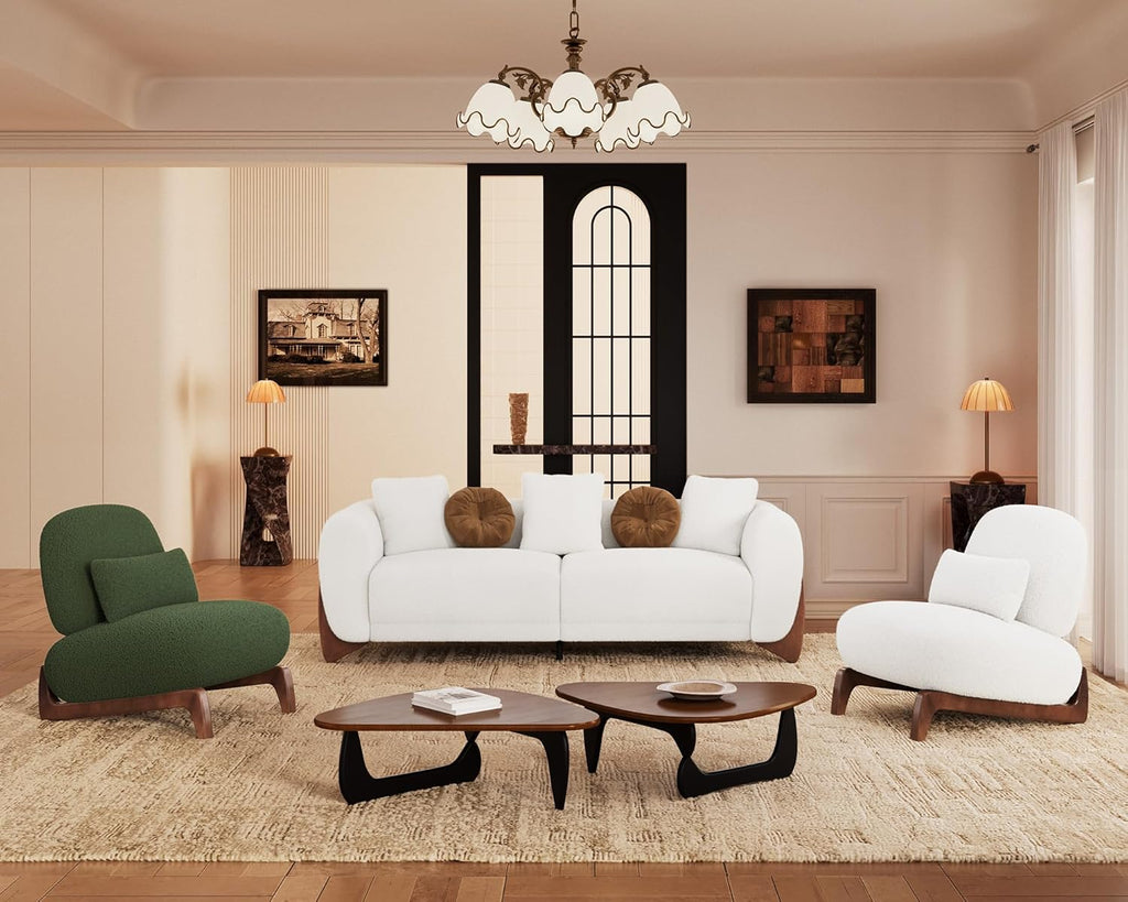 Modern Cloud Couch - 3 Seater Sherpa Boucle Sofa with Wood Legs