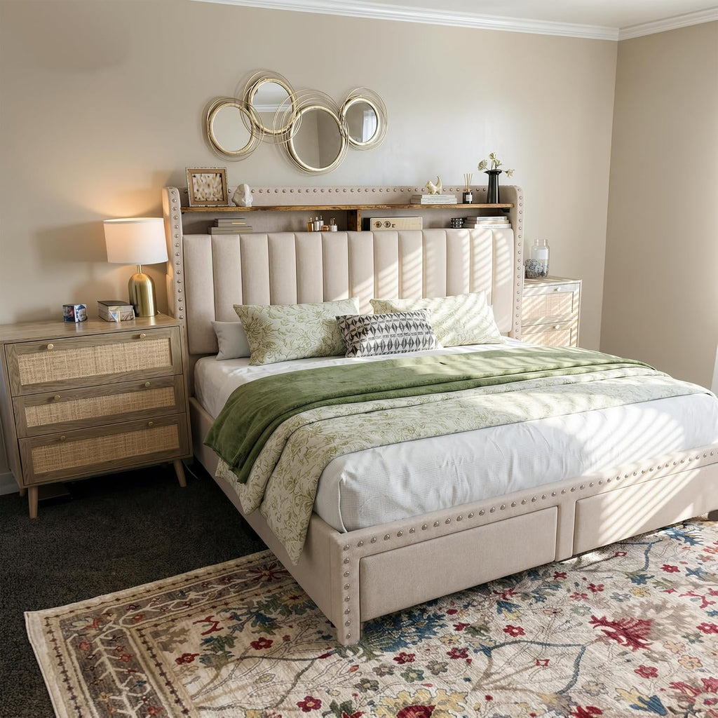 King Bed Frame with 2 Storage Drawers & Upholstered Headboard,No Box Spring Needed, Easy Assembly, Noise Free, Beige