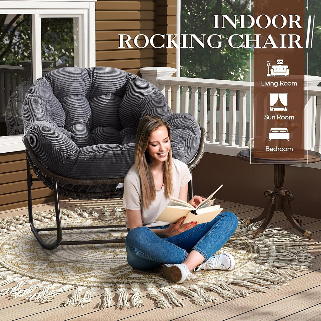 Oversized Indoor Rocking Chair, Comfy Corduroy Rocking Papasan Chair with Thick Cushion and Frame, Large Wicker