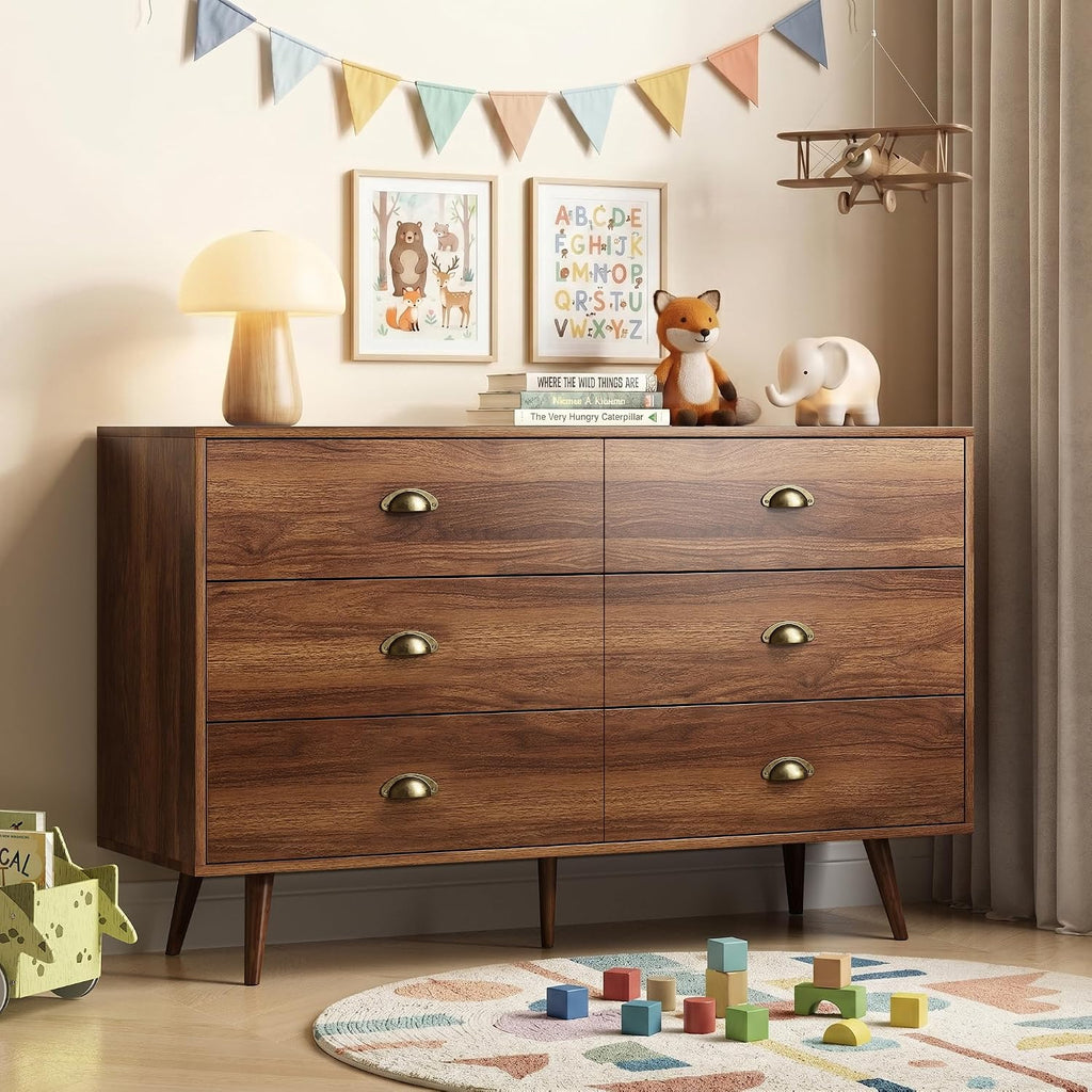 Walnut Dresser , 6 Drawer Dresser with Wide Drawers and Gold Metal Handles, 47" Wood Dressers & Chests of Drawers .