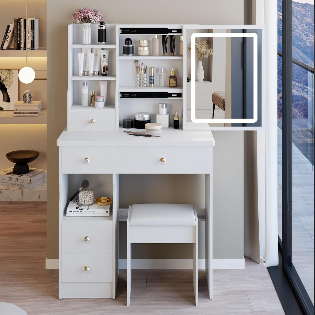 Vanity Desk with Lighted Mirror, 29.2" Makeup Vanity Table with Storage Drawers and Cushioned Stool, Compact Dressing