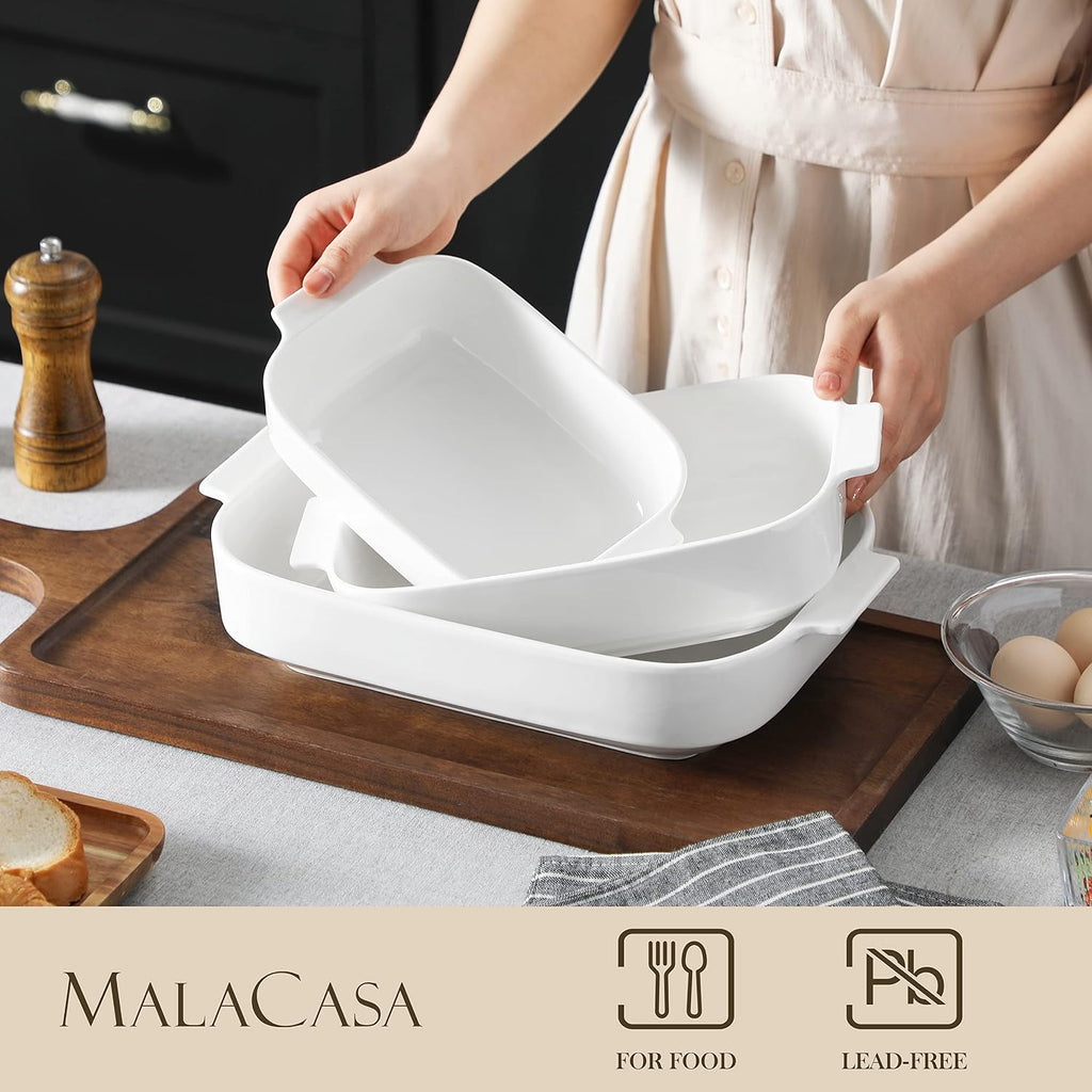 Ceramic Casserole Dishes Set of 3,White Dish for Oven,9x13 | Rectangular Deep Lasagna Pans with Handles, Stackable