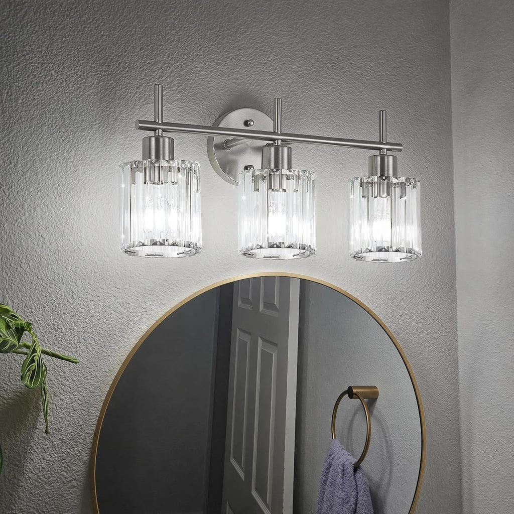Brushed Nickel 3-Light Crystal Bathroom Vanity Light Fixtures, Round | Vanity Lights , Modern Bathroom Lighting