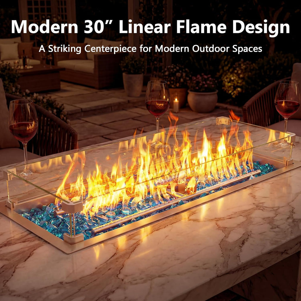 30 x 10 Inch Drop-in Fire Pit Kit, Premium Stainless Steel Modern Fire Trough with Tempered Glass Wind Guard, Burner Pan