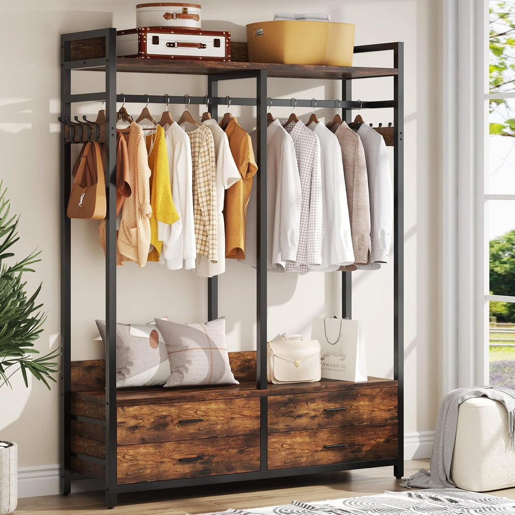 Freestanding Closet Organizer, Garment Rack with 4 Drawers | Heavy Duty Clothing Rack, Open Wardrobe Closet , 8 Hooks