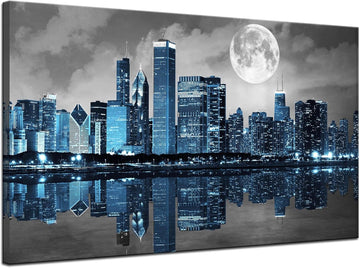 Black White Blue City Wall Art Chicago Pictures Decoration Moon Night Cityscape Skyline Canvas Painting Prints Framed