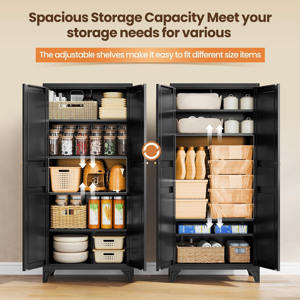 Metal Pantry Cabinet,Tall Kitchen Pantry Storage Cabinet with Doors and Adjustable Shelves - 61" Black Cupboard