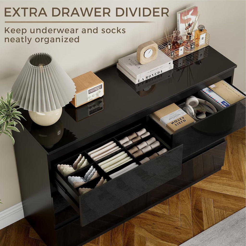 6 Drawer Dresser , 47" Wide Black Wood Chest for Storage | Multi-Functional Storage Organizer, Modern High Gloss