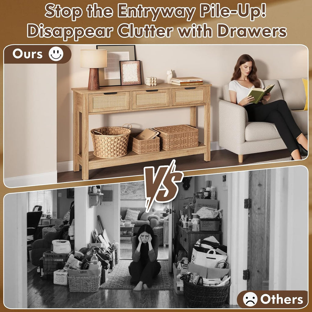 Rattan Console Table 3-Drawer 47" Narrow Wood Entryway Sofa Table | Trendy Boho Hallway Foyer Storage, Open Shelf
