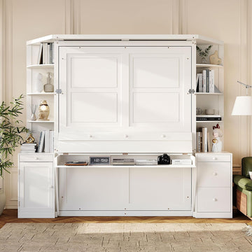Murphy Bed with Desk, Lights, Storage Shelves and Cabinets, Hidden Wall Bed for Home Office, Space-Saving Design