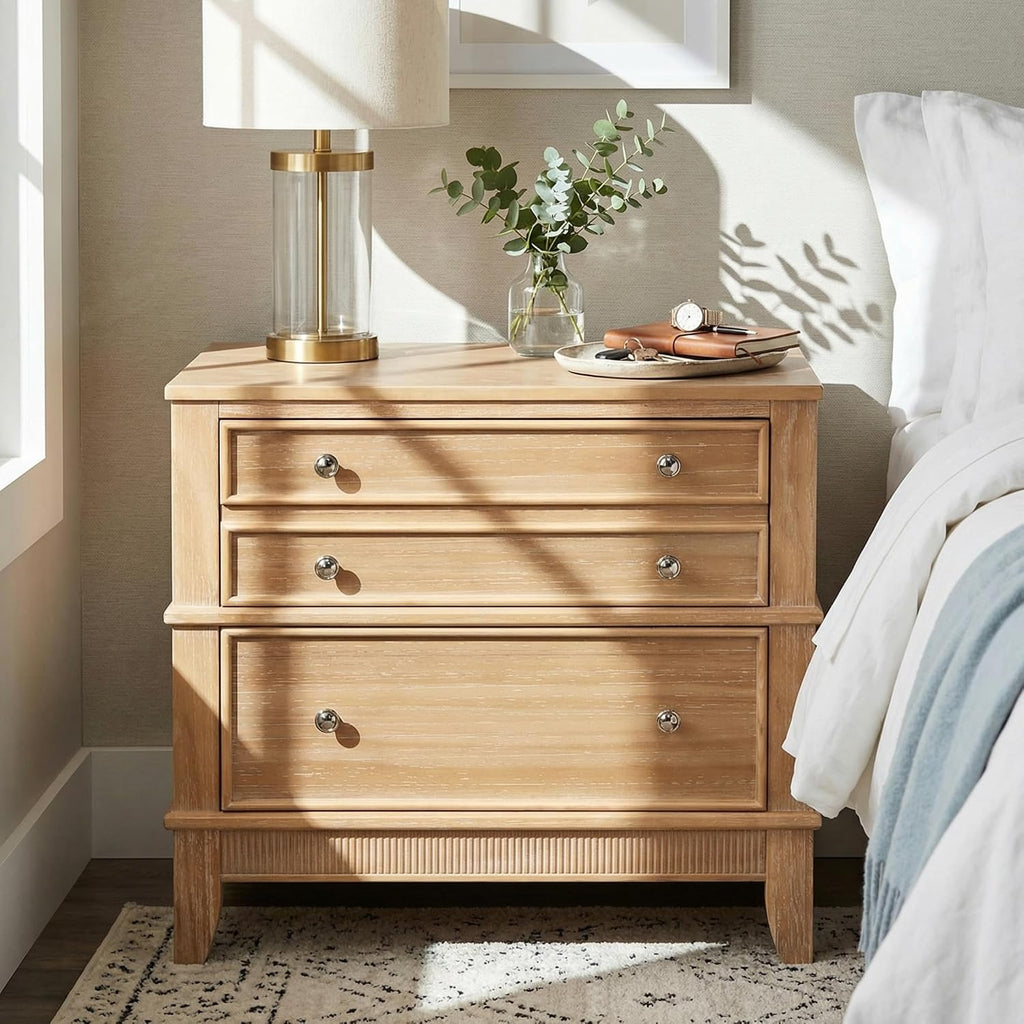 27.3 Inch Solid Wood Nightstand, Mid Century Modern Night Stand with Storage Tray & Drawers, Small Side End Table