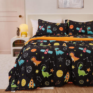 Space Dinosaur Kids Comforter Set for Boys, Cute Quilted Black Printed Bedding Set with Pillow Sham, Lightweight