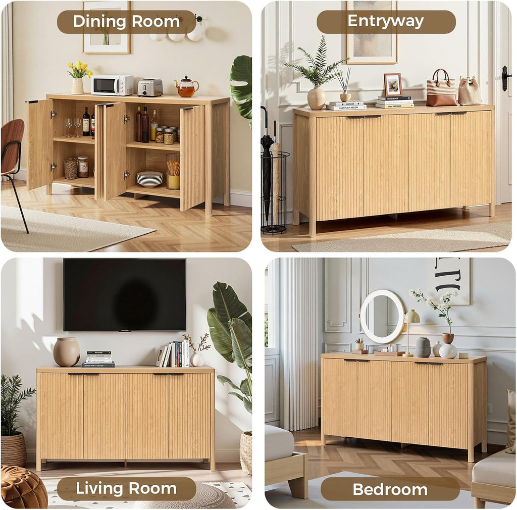 55'' Sideboard Buffet Cabinet with Storage Fluted Sideboard Buffet with Adjustable Shelves Coffee Bar Console Table