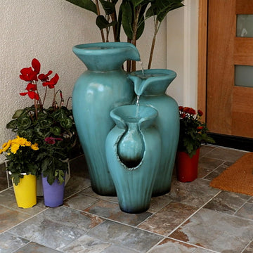 21" Outdoor 3-Tiered Pots Water Fountain - Cascading Ceramic Water Feature with Built-In Pump for Gardens, Patios
