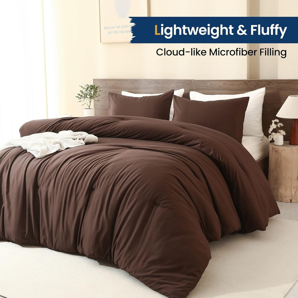 Earthy Brown Comforter, Neutral 3 Pieces Comforter Set, Lightweight Solid Bedding Set