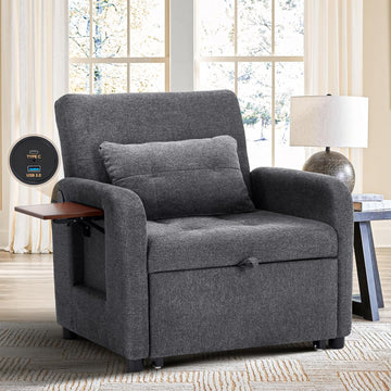 Convertible Sleeper Chair-Fabric Futon Sofa Bed, Single Sleeper Sofa, Small Couch Bed with USB Port, Foldable Table