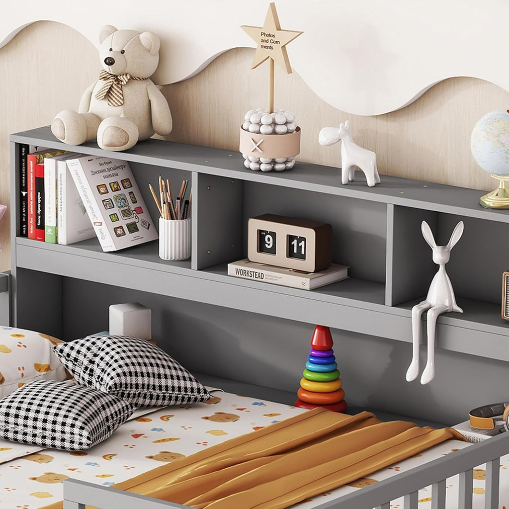 Kids Montessori Floor Bed,Full Size Floor Bed with Bookcase and Shelves,Full Bed Frame with Guardrails for
