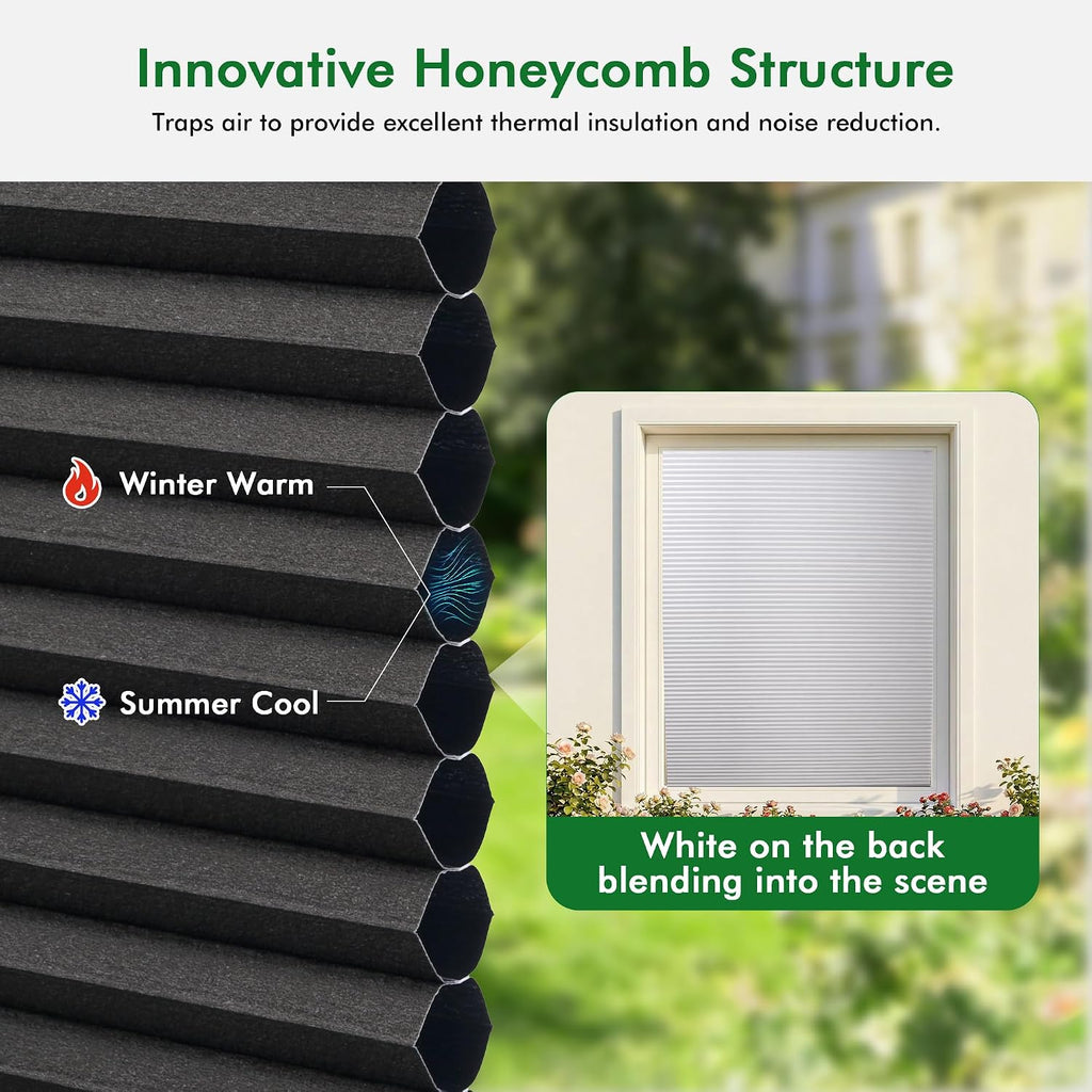 No Drill Cellular Shades Cordless Blackout Honeycomb Blinds 17"Wx36"H White