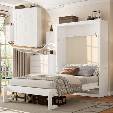 Space Saving Twin Murphy Wall Bed, Folds into Vertical Cabinet, Solid Metal Frame with Wood Slats, No Box Spring