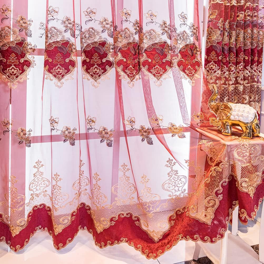 European Style Luxury Festival Burgundy Red Embroidered Sheer Curtain for Living Room Elegant Floral Tulle Curtains