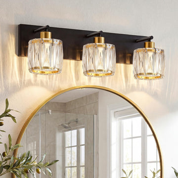 3-Light Crystal Bathroom Vanity Light Fixtures, Black and Gold