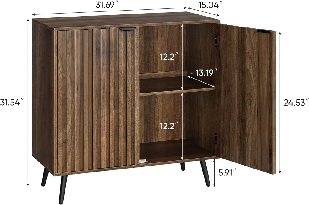 Fluted Sideboard Cabinet, Freestanding Walnut Buffet Cabinet with Adjustable Shelf, Wood Storage Cabinet