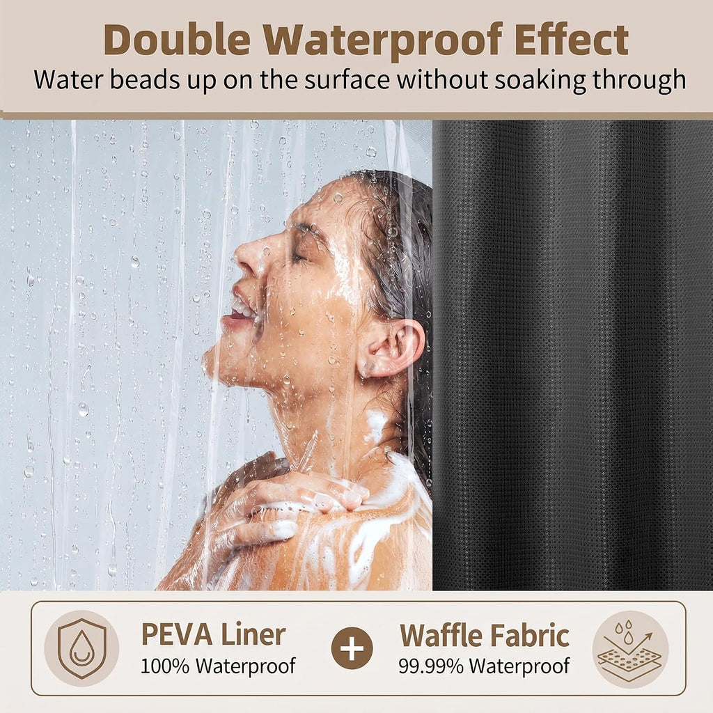 Shower Curtain and Liner Set, Waffle Shower Curtain Set with 12 Stainless Steel Hooks, Waterproof Luxury Fabric