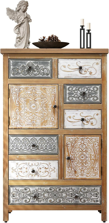 Solid Wood Tall Accent Chest with Drawers,Carved Storage Cabinet | Storage Drawers,Solid Wood Material,Hand-Carved