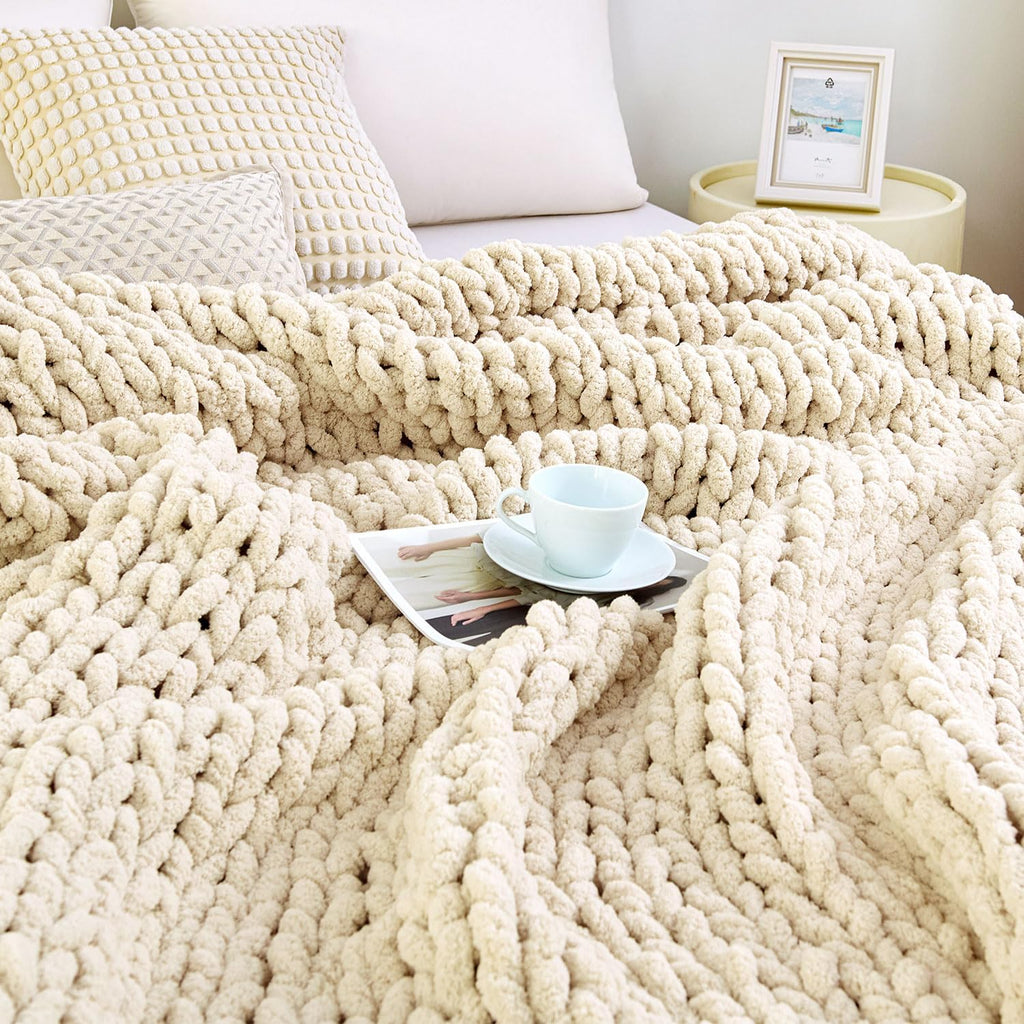 Chunky Knit Blanket Throw 51"x63", 100% Hand Knit Chenille Throw Blanket, Soft and Cozy Knitted Throw Blankets
