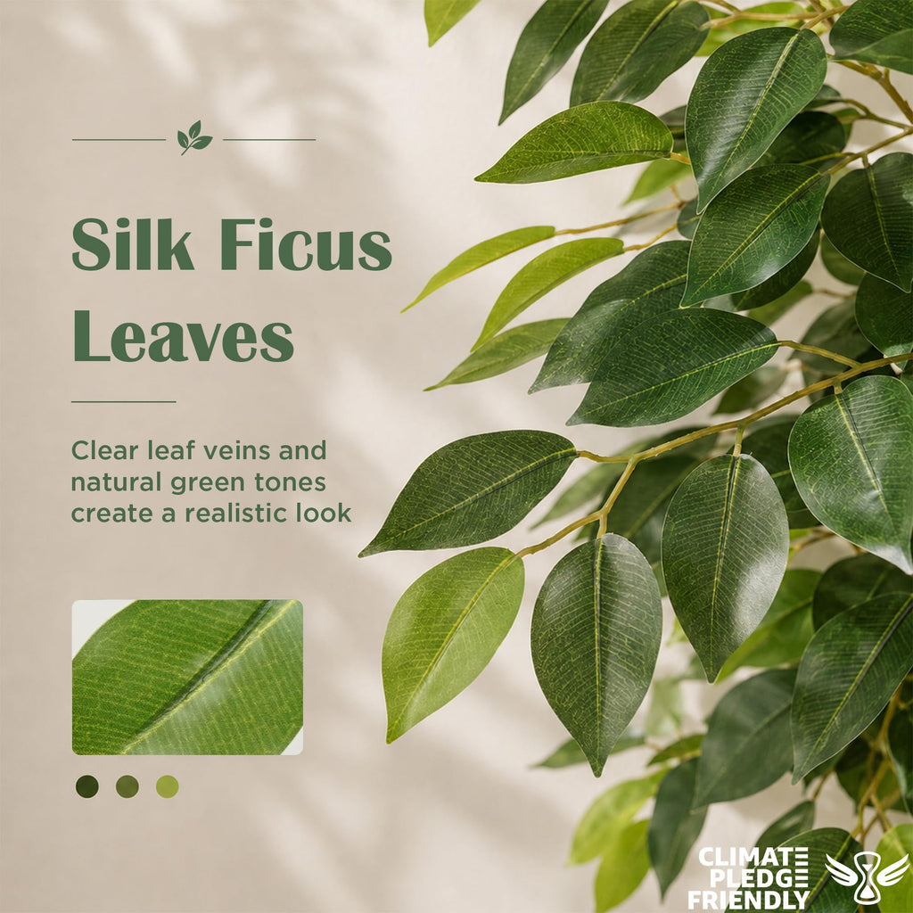Ficus Tree Artificial 5 Ft with White Planter, Triple Natural Trunks, Dense Layered Foliage, 60" Tall Artificial Ficus