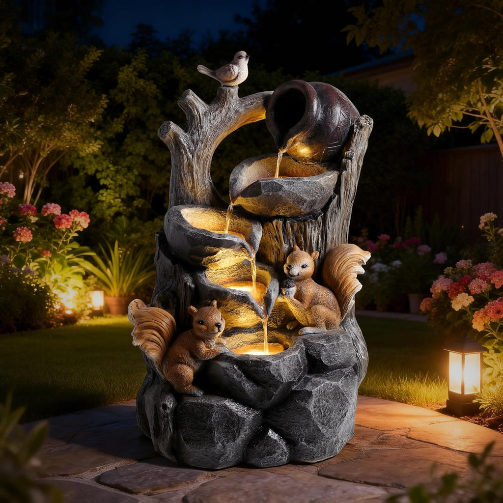 Outdoor Water Fountain with LED Lights, 30.1" Squirrel & Tree Stump Cascading Water Feature