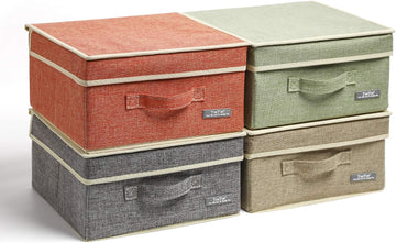 Fabric Storage Bins with Lids Small 4 Pack, Linen Foldable Storage Box with lids 4 Color Set 12.4in/12in/6.7in