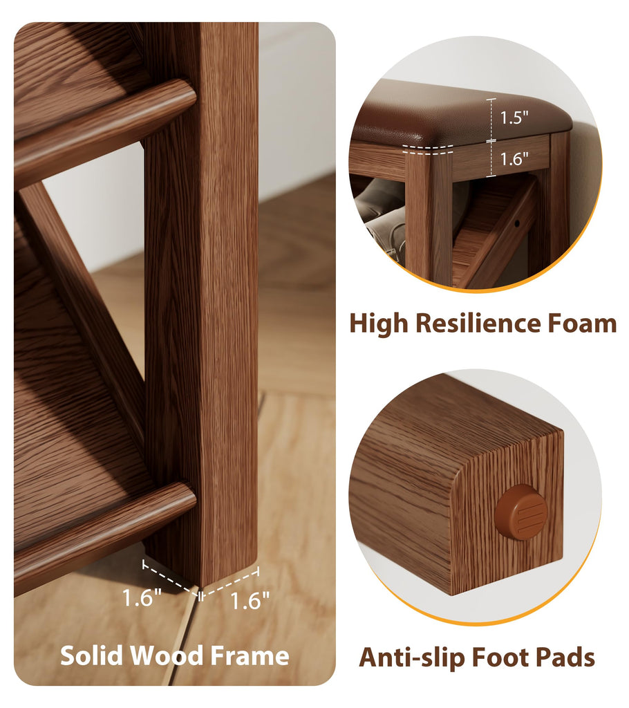 Rubberwood Shoe Bench with Leather Cushion and Slanted Shelves
