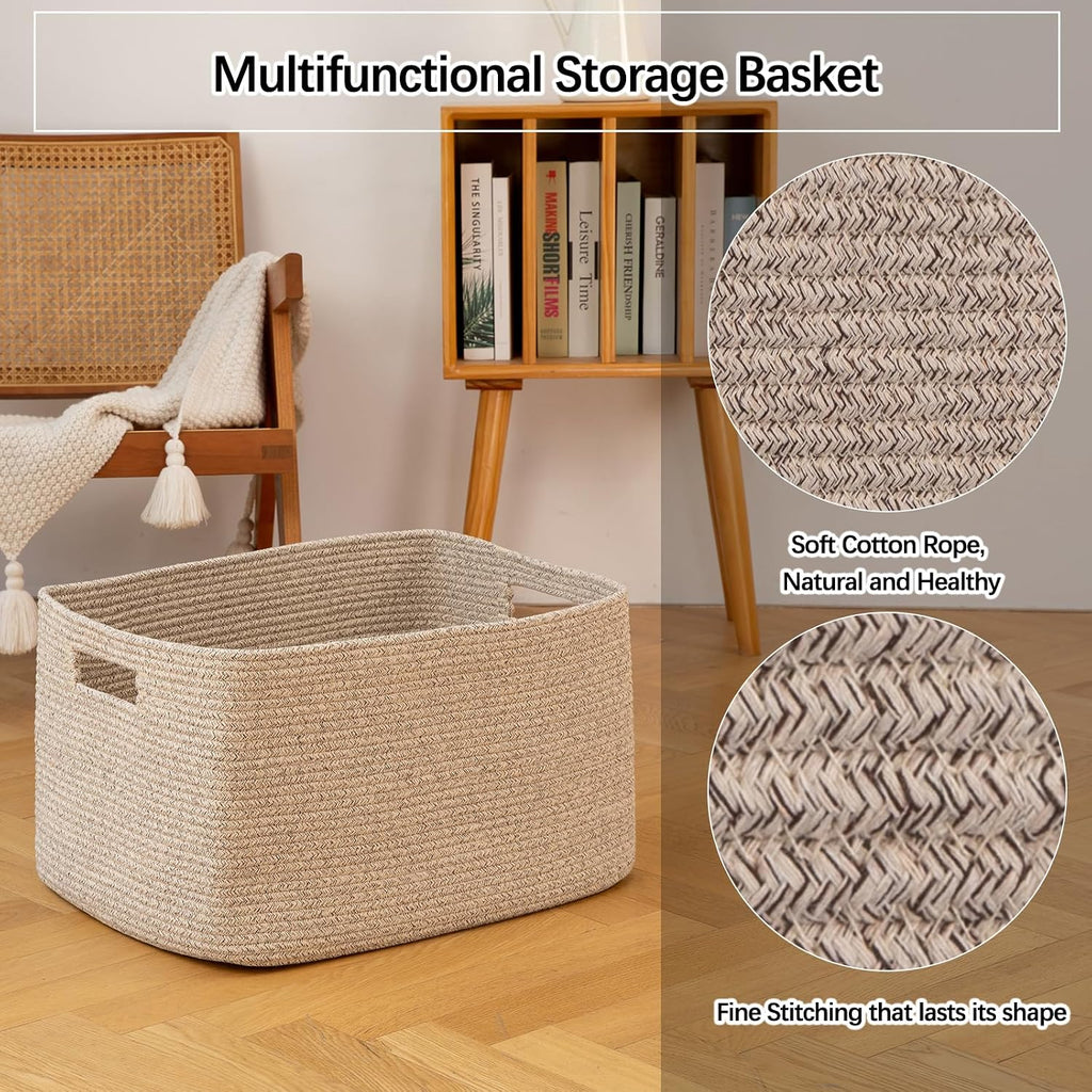 75L Large Blanket Basket, 22"x17"x12" Woven Cotton Rope Storage Basket with Handle for Organizing Blanket and Toys