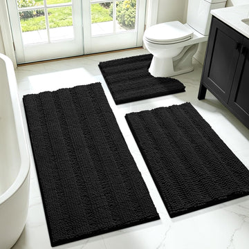 Striped Black Bathroom Rug Set 3 Pieces Ultra Soft, Non Slip Chenille Toilet Mat, Absorbent Plush Shaggy Bath Mats