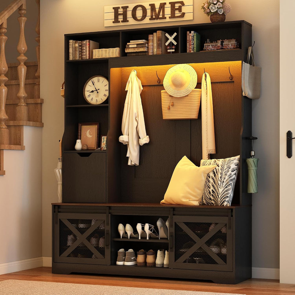 75''H 59''W Large LED Farmhouse Hall Tree with Bench and Shoe Storage,Entryway Bench with Coat Rack,16 Shoe Cubbies &