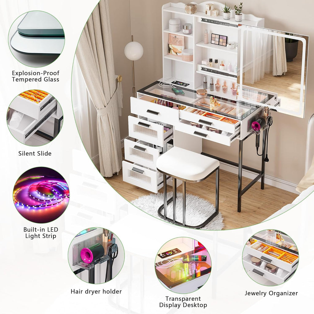 Vanity Desk with Sliding Mirror and Glass Desktop, LED Vanitys Mirror with RGB Lights Desk and Chair, Dressers Table