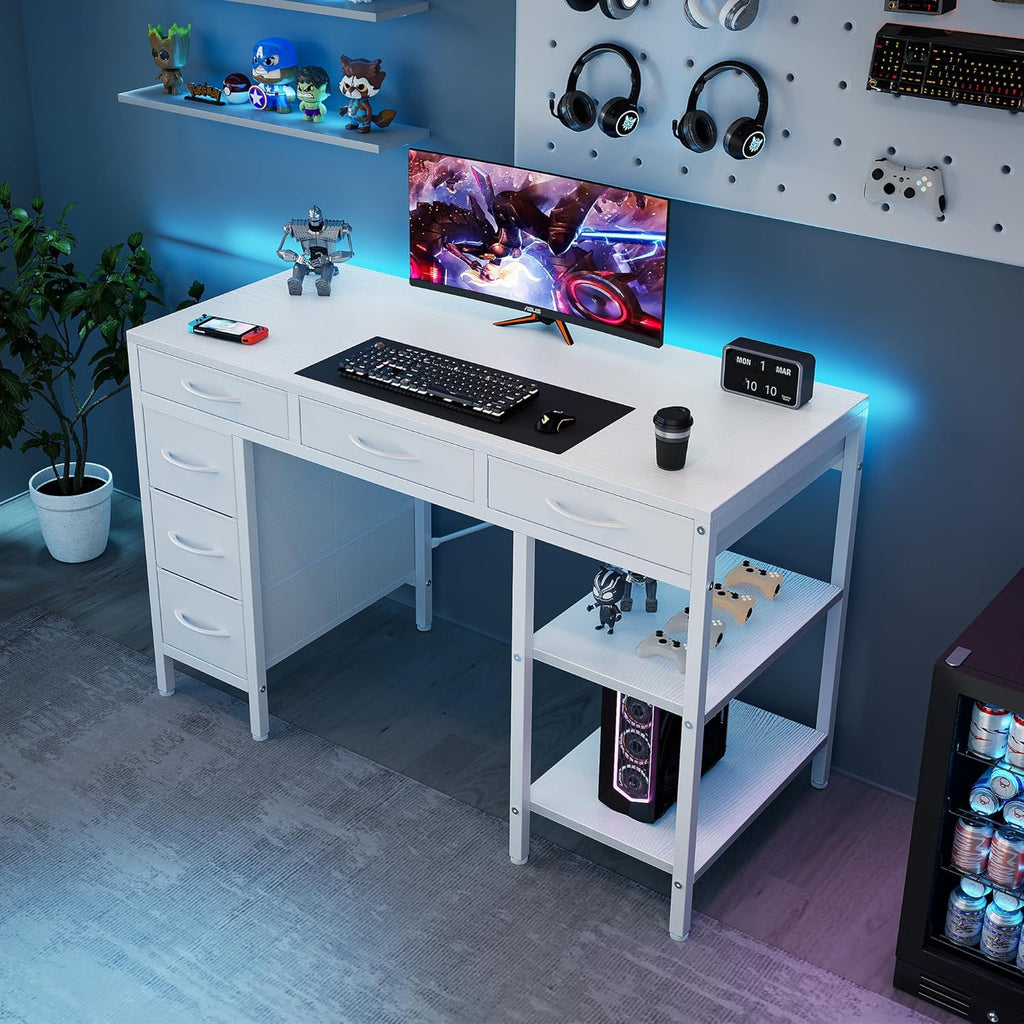 47" Computer Desk with 6 Drawers, Home Office Gaming Desks with Storage Shelves