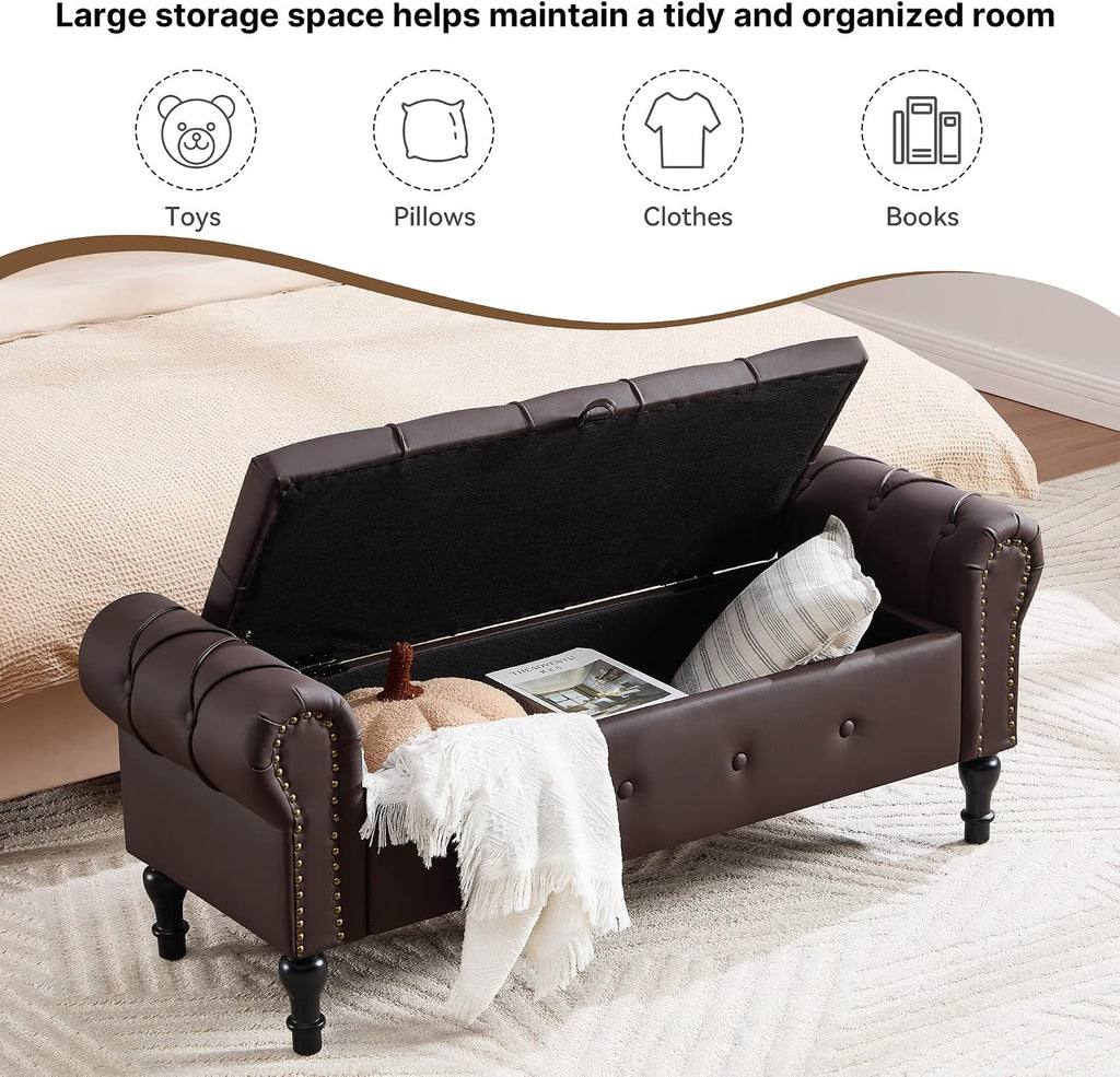 Storage Bench 51" Faux Leather End of Bed Benches Dark Brown | Queen Size Storage Bench with Rolled Arms Tufted