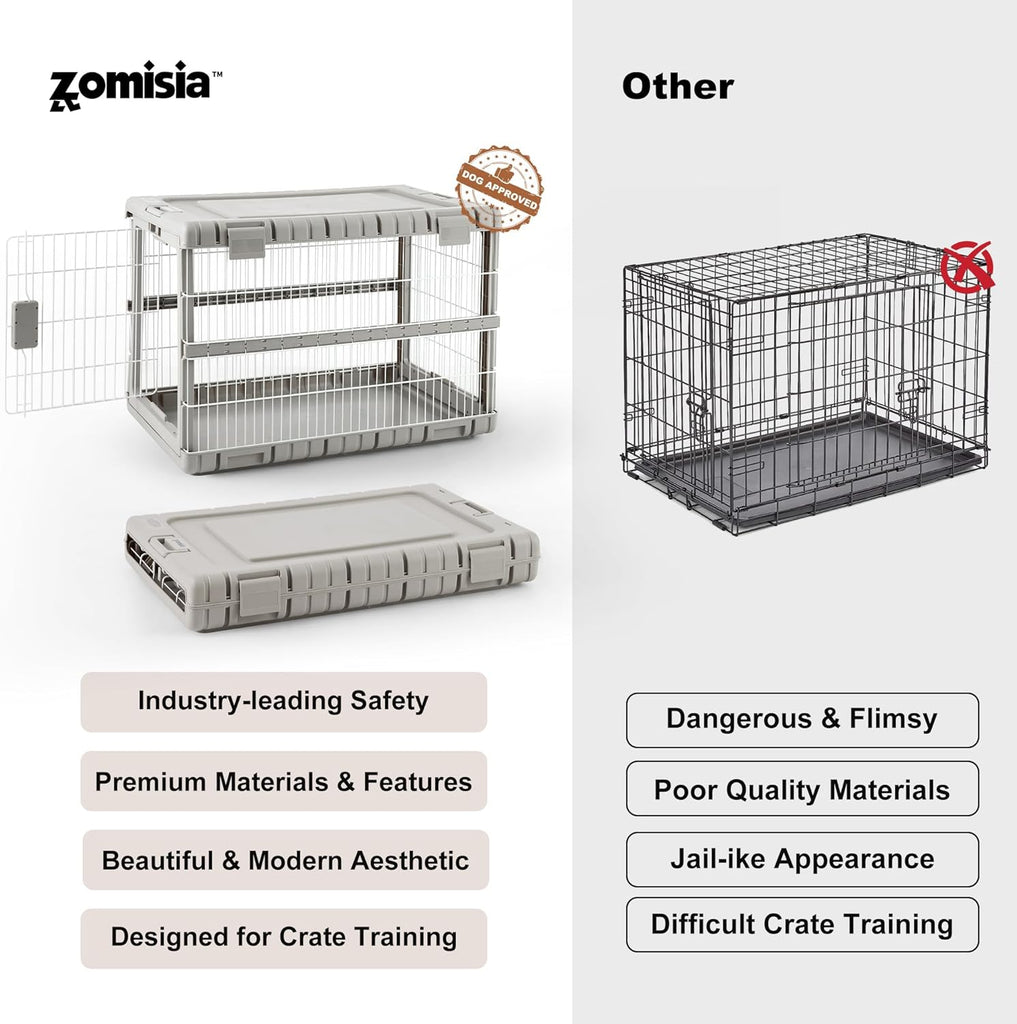 Collapsible Dog Crate for Dogs - 28" L Heavy Duty Dog Kennel No Tools Required with 4 Sides Steel Foldable Cage for Dogs Indoor Furniture, Portable Carrier with 2 Smooth Wheels, Beige