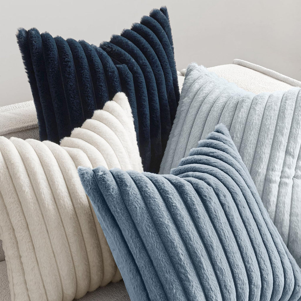 Faux Fur Plush Decorative Throw Pillow Covers 18x18 Set of 4, Summer Modern Soft Fuzzy Coastal Striped Cushion
