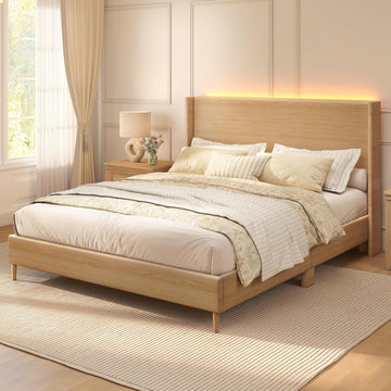 King LED Bed Frame, Faux Leather Natural Oak Grain Printed Finish